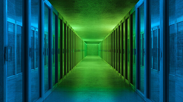 Perspective view of server racks illuminated with abstract blue and green lighting, showcasing a modern data center environment with a futuristic ambiance