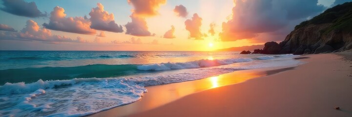 Serene beach scene at sunset; tranquil ocean waves lapping the shore, soft sand, peaceful sky Perfect for relaxation and stress relief imagery , stress free, peaceful, orange