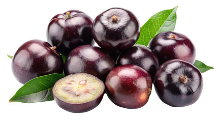 Obraz premium A vibrant cluster of ripe jabuticaba fruits with green leaves isolated on transparent background