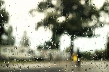 Abstraktes Motiv mit Regentropfenmuster vor Wohnmobilstellplatz, hohen Bäumen, Mutter mit Kind in gelbem Regenmantel und weißem Himmel mit Licht bei Regen und Sturm im Herbst