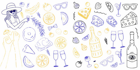 Hand drawn summer party elements including food drinks and a woman enjoying a drink
