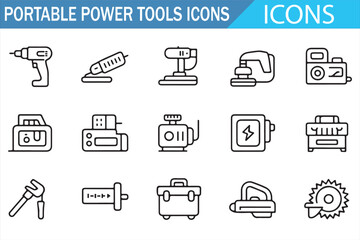 Hardware tools UI pack—modern line icons of drill, sander, planer, battery, and charger