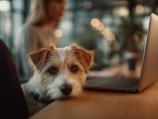 Dog Resting Beside Laptop in Modern Office