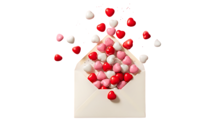 Heart shaped candies spilling from envelope isolated on a transparent background