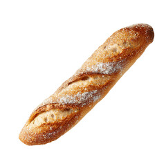 Crispy French baguette with crumbs and flour explosion on png background.