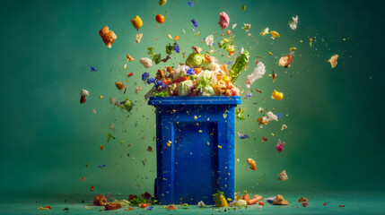 Vibrant blue bin overflowing with an explosion of colorful food waste and scraps captured mid-air against a green backdrop illustrating waste management challenges