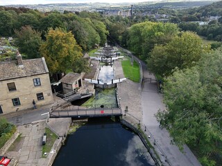 aerial view of Bingley Five Rise Locks, part of the Leeds & Liverpool Driffield Navigation Canal. victorian manmade waterway. Yorkshire, England