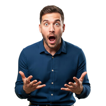 Shocked man expresses astonishment and surprise with wide eyes and open mouth isolated on transparent background
