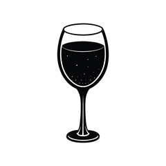 A simple black and white vector illustration of a wine glass filled with a dark liquid, featuring a few small bubbles rising, perfect for various design projects