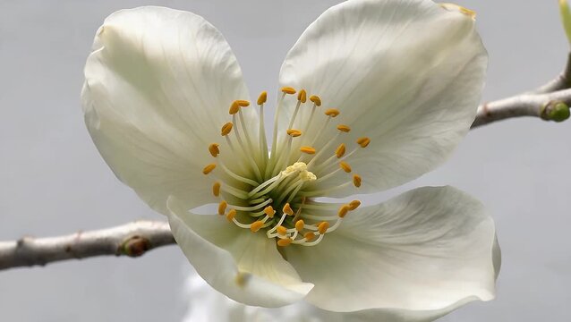 recently opened pristine magnolia blossom exhibiting pure white petals and central core of bright yellow botany