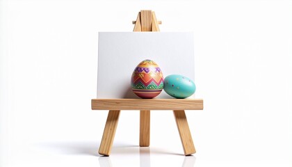 Artfully Adorned Festive Eggs Resting on a Small Wooden Easel with a Blank Canvas, Capturing the Essence of Easter and Artistic Inspiration in a Bright Setting