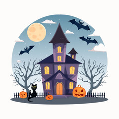Haunted House with Pumpkins and Full Moon on Halloween Night