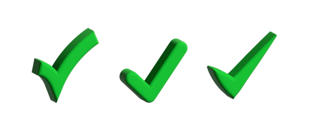 Green Check Mark Icons PNG – Transparent Background, 3D Approval Symbols Illustration