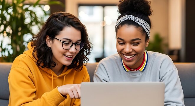 Diverse friends laughing at laptop young women computer