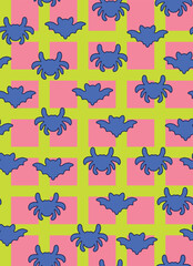 Cute and fun halloween check seamless repeat pattern. Vector, geometric grid background and bats with spiders, spooky funky aop, all over surface print.