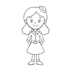 An Irish girl coloring page featuring a smiling lass in traditional dress, with braided hair, shamrock accents, and cheerful charm ready for kids to color with creativity.
