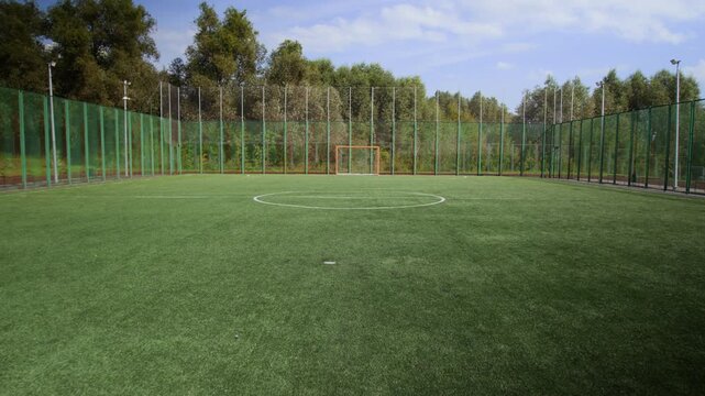 Empty open air football pitch covered with fresh cut grass, metal goal placed on it. Football pitch surrounded by fence and trees