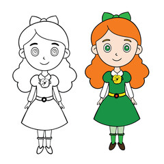 An Irish girl coloring page featuring a smiling lass in traditional dress, with braided hair, shamrock accents, and cheerful charm ready for kids to color with creativity.
