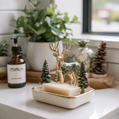 A decorative ceramic soap dish features a whimsical deer figurine nestled amidst miniature pine trees, creating a charming winter scene in a light-filled bathroom.