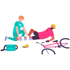 Doctor attending to injured cyclist after accident, providing medical aid on a white background