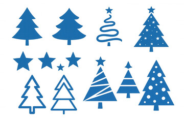 Blue christmas tree silhouettes and star icons for holiday, winter, and celebration designs. Transparent background