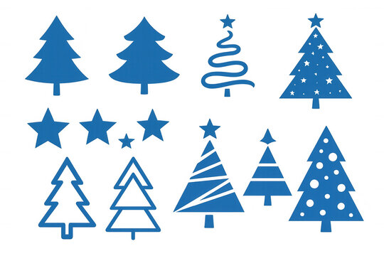 Blue christmas tree silhouettes and star icons for holiday, winter, and celebration designs. Transparent background