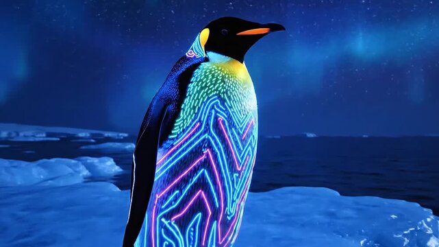 Neon-patterned penguin stands on ice floe under starry Arctic sky with aurora borealis glowing bright blue