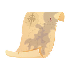 Antique treasure map showing a stylized island with a red cross marking the spot, on a parchment scroll