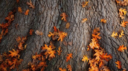 Oak tree bark with scattered fallen orange leaves