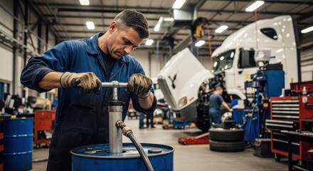 Mechanic working on large truck in workshop