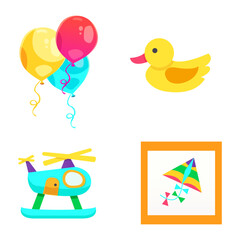 Collection of festive balloons, a playful duck toy, a toy helicopter, and a kite in a frame on a white background