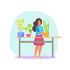 Young woman tending to potted plants on a wooden table, enjoying a hobby with greenery at home