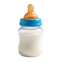 3d small baby feeding bottle with milk and blue collar in transparent background png and white background jpg

