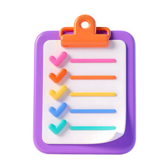 3d colorful checklist clipboard icon with purple board and orange clip in transparent background png and white background jpg


