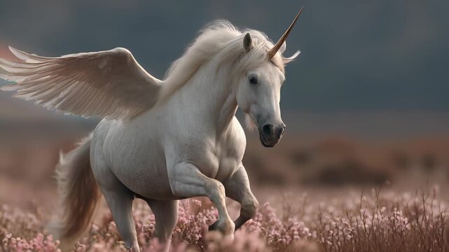 Majestic White Unicorn Pegasus Galloping Through a Field of Pink Flowers, Fantasy Creature in Dreamy Landscape