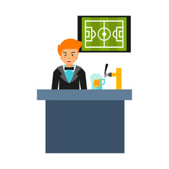 Bartender serving beer at a bar with a soccer game playing on the screen in the background, celebrating sports