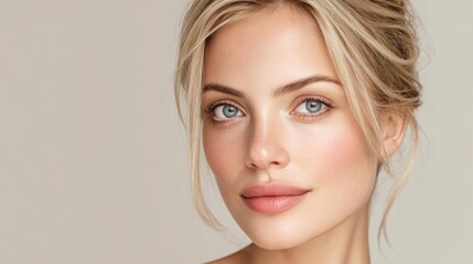 Fototapeta premium A woman with light blonde hair and striking blue eyes poses elegantly with a natural makeup look. Soft lighting highlights her features creating a serene and inviting atmosphere.