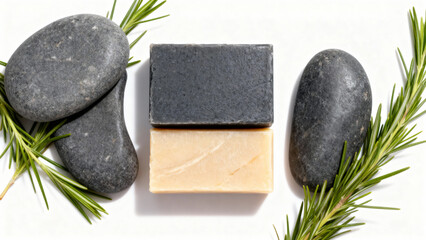 Still life of two bars of soap with smooth stones and sprigs of rosemary on a white surface