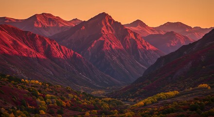 Mountain range bathed in warm, orange sunset light, casting deep shadows and highlighting vibrant red and yellow foliage in the valley.