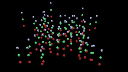 Chaotic arrangement of atoms. Randomly spread particles in a disorganized pattern. Scattered colorful spheres, balls against black background.  3d render illustration.	