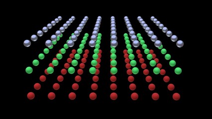 Orderly arrangement of atoms. Atomic array - ordered structure. Evenly spread particles superconductor material. Colorful balls evenly spaced. 3d render illustration.