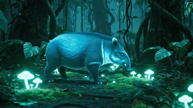 Mystical glowing tapir ventures through bioluminescent forest at twilight, discovering magical enchanted mushrooms illuminating the jungle path