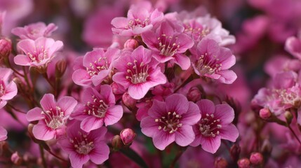 Fototapeta premium Delicate pink flowers are thriving in a garden during spring. The soft background enhances their vibrant colors showcasing natures beauty in full bloom.