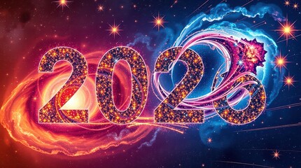 Sparkling 2026 numbers against a cosmic background with nebula and stars