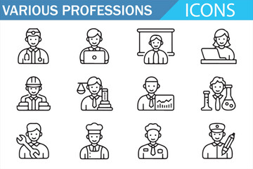 Minimal career icons—scalable outline pack with medical, legal, engineering, culinary, and aviation roles