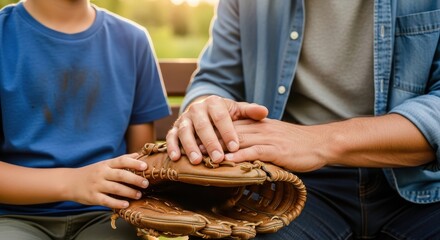 An adult and child sit together, both holding a baseball glove, symbolizing teaching, bonding, and shared passion for the game on a sunny outdoor day.