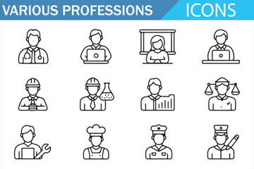 Fototapeta premium Professional occupations icons—minimal line set for business, education, science, and service roles