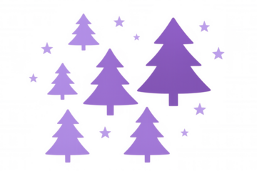 Purple christmas trees and stars creating a festive winter holiday illustration with transparent background