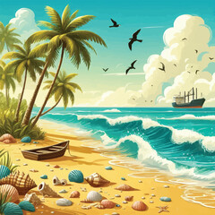 Tropical evening seascape with glowing colorful horizon and silhouetted palm trees illustration