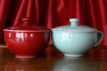 Trendy ceramic bowls in vibrant colors displayed on a wooden surface against a rich red backdrop